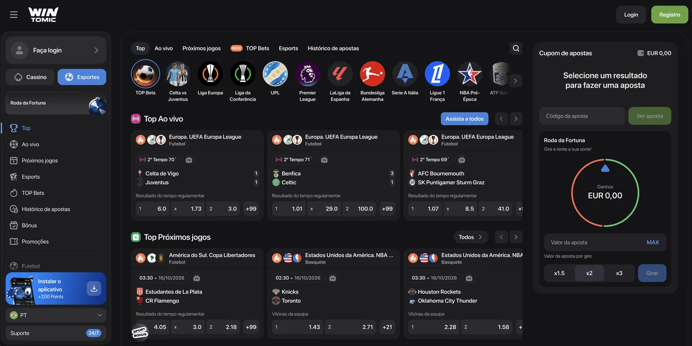 Seção de apostas esportivas da Wintomic com Top Ao vivo, Copa Libertadores e cupom de apostas
